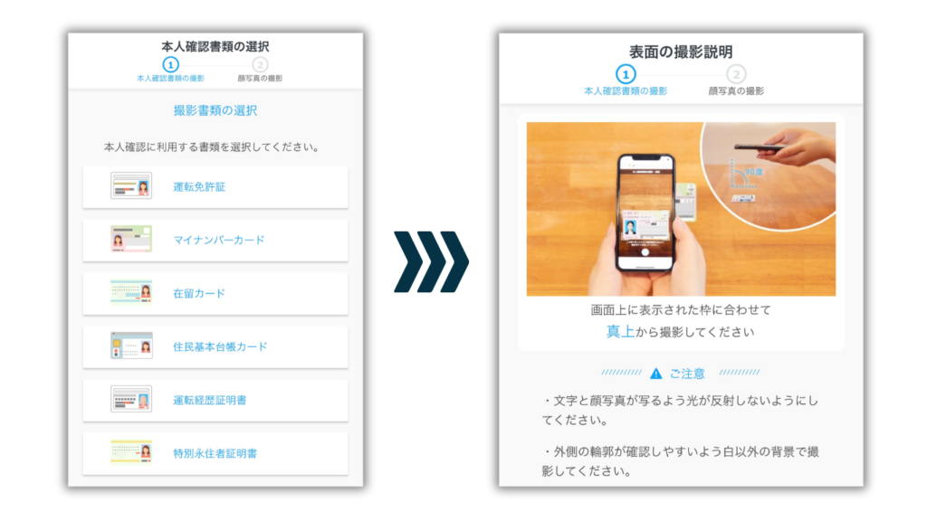 TORCHESの本人確認書類選択と撮影手順画面