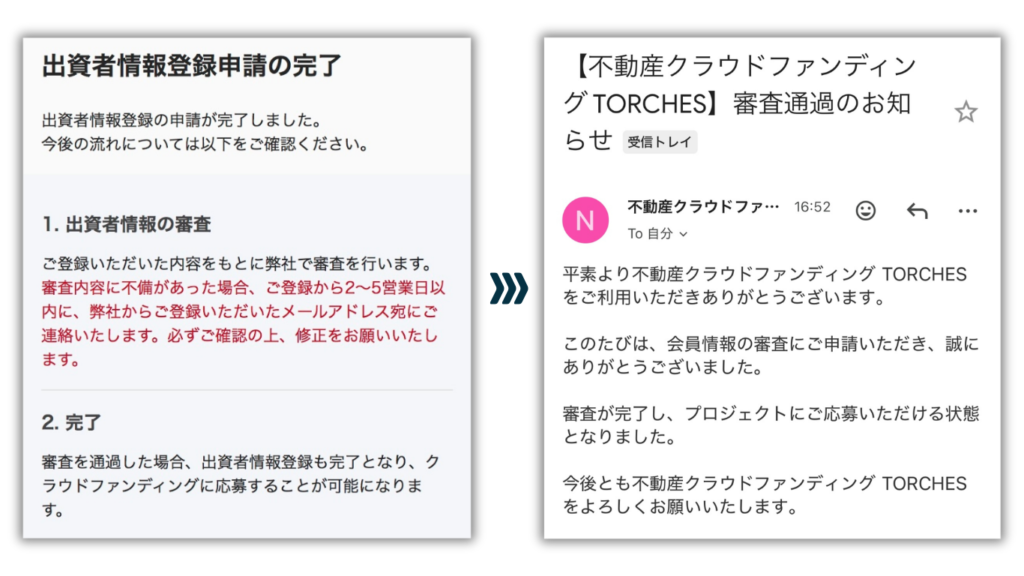 TORCHESの投資家登録申し込み完了画面