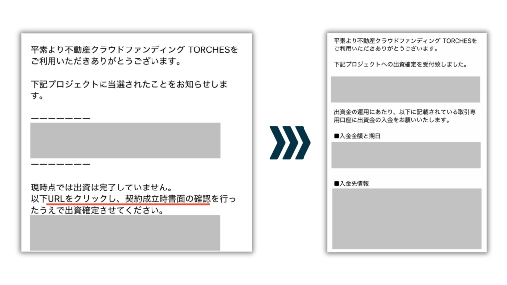 TORCHESの抽選結果メールと出資確定後の入金案内メール