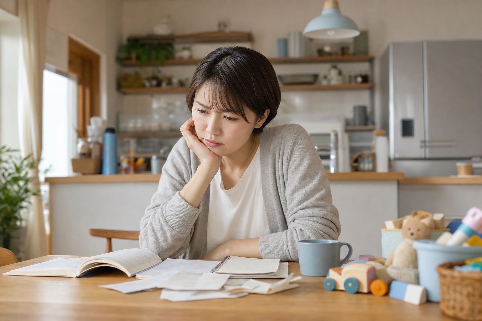 家計簿を前に、NISAをやめるか悩む30代のママ