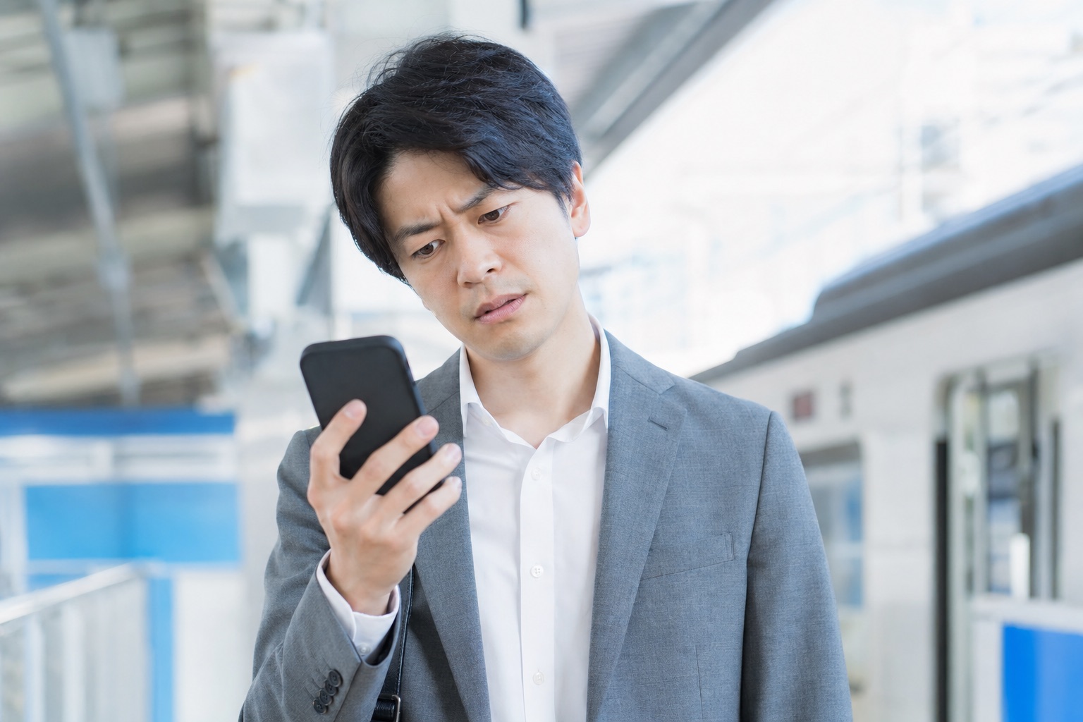 スマホの残高を見ながら考え込む30代の会社員